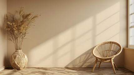 Wall Mural - Interior room setting with an empty beige wall for mockups. Cozy brown wicker chair sits beside a potted plant. Natural daylight filters in through a window, casting shadows, copy space.