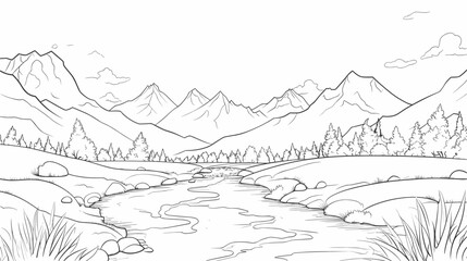 Wall Mural - Small minimalist background illustration, line art style. one line, creative,anime. Abstract mountain landscape with flowing river, symbolizing the majestic and tranquil aspects of nature's diverse