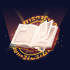 Spell book cast. Magic witchcraft open spell book with torn pages game icon for menu GUI, fantasy colorful grimoire with sparkling magic spell. Vector illustration