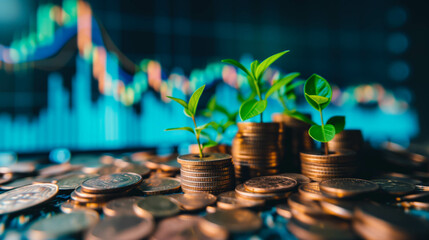 plants growing on a pile of coins on the table. stock chart background, financial growth and financi