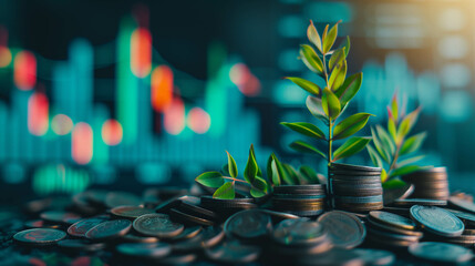 Plants growing on a pile of coins on the table. stock chart background, financial growth and financial freedom concept