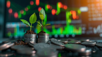 Wall Mural - Plants growing on a pile of coins on the table. stock chart background, financial growth and financial freedom concept