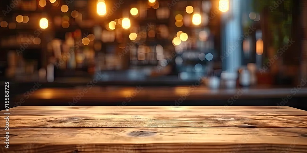 Empty wooden table set in bar or pub counter defining interior of cafe ...
