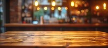 Empty Wooden Table Set In Bar Or Pub Counter Defining Interior Of Cafe Light Casting Blurred Shadows In Restaurant Drink Ambiance At Night Top View Against Dark Background Desk Space