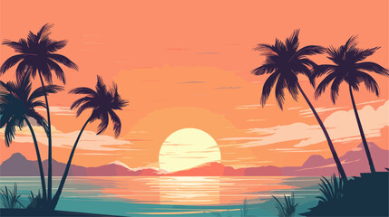 Wall Mural - Vectorized serene beach sunset scene with palm trees, embodying the tranquil and picturesque atmosphere of a tropical paradise. simple minimalist illustration creative