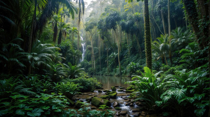 Wall Mural - Amazon rainforest river landscape. Nature wallpaper design. Generative ai