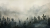 Fototapeta Las - Fog, mist and clouds with subtle gray tones over forest and mountains. Magic panorama wallpaper. Generative ai.