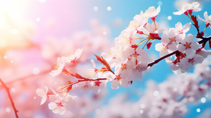 Wall Mural - Panoramic spring scenery with beautiful pink cherry blossoms, seasonal background against blue sky, greetings card template, web header, generative ai