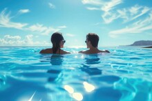 Couple In The Blue Clear Swimming Pool Together Enjoying The Summer Holiday