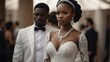 black african woman wearing a white dress ensemble, beauty of a young bride with a diamond earrings and necklace set from Generative AI