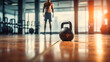 Functional fitness workout in sport gym with kettlebell, copy space