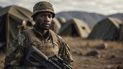 Portrait of a handsome black african male soldier wearing camouflage on a base camp background from Generative AI