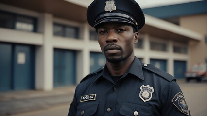 Portrait of a handsome black african police man on uniform on a police station background from Generative AI
