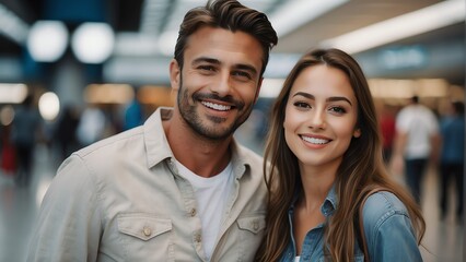 Wall Mural - Portrait photo of ahappy smiling tourist couple on a blurred airport terminal background from Generative AI