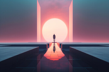 Wall Mural - Landscape, architecture concept. Abstract and surreal minimalist landscape background illustration with dark human silhouette. Complex geometric shape structures. Soft muted pastel colors