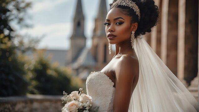 Stylish beautiful young black african bride on a white dress on a church background from Generative AI