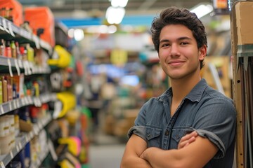 Young latin man working in hardware store