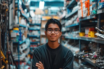 Wall Mural - Young latin man working in hardware store