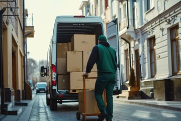 Wall Mural - Team of Workers use Hand Truck Loading Delivery Van with Cardboard Boxes