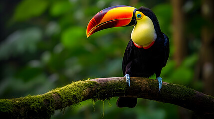 Toucan sitting on the branch in the forest, green vegetation, full of copy space, colorful wallpaper
