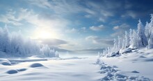 Beautiful Sunny Wintery Scene, Blue Sky, Clouds, Sunshine, White Crisp Snow And Snowy Covered Pine Trees Ideal For A Winter Holiday Christmas Theme Background With Copy Space For Message
