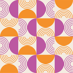 Wall Mural - Mid Century Modern half circles and geometric lines seamless pattern in orange and pink. For wall art, home décor and wallpaper