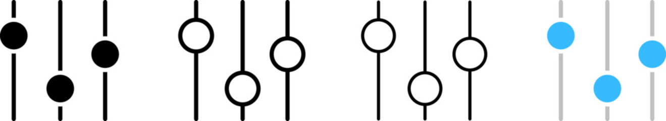 Settings slider icons. Different styles, vertical sliders settings button icons. Vector icons