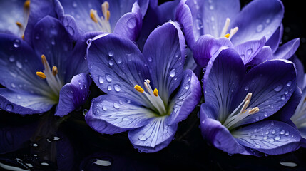 Wall Mural - Macro Shot: Close-Up of Spring Flowers, Blue Crocuses in Raindrop Reflections on Seasonal Wallpaper