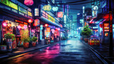 Fototapeta Uliczki - A captivating view of nighttime urban streets adorned with dazzling neon signage
