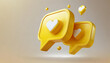 Yellow speech bubbles with notification symbol on social media icon. 3d icon comments thread mention or reply sign with social media. 3d vector
