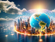 © Uncle-Ice - Blue 3D Network Connection Design with Business and Technology Elements, Featuring Globe, Computer, and Digital Symbol in a World of Connectivity