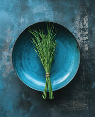 Poster - Fresh Herb Delight: Rustic Green Kitchen Table Set with Empty Plate, Wooden Fork, and Rosemary Garnish on Natural Background