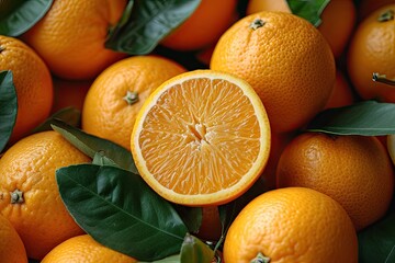 Wall Mural - Many orange presenting vibrant array of fresh juicy and organic appeal embodying healthy vitamins in sweet and ripe background of citrus nature ideal for vegetarian diet leaves accentuating freshness