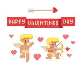 Poster - valentine's day holiday elements. pixel art icons set. cupid characters. greeting card, banner or in