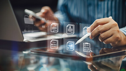 Wall Mural - e-document management for paperless smart office technology for work flow concept.
