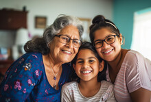 AI Generated Image Portrait Of Beautiful Latin Grandma Daughter And Granddaughter At Home Women’s Day Concept