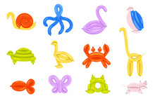 Balloon Animals. Cartoon Helium Gas Twisted Sculptures Of Cute Animals, Minimal Abstract Characters For Children Party Decoration. Vector Set