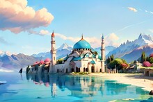 Islamic Mosque Beautiful Watercolor Illustration Generative Ai