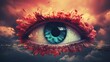 surreal colorful eye in the fire of fantastic woman closeup. Generative AI	
