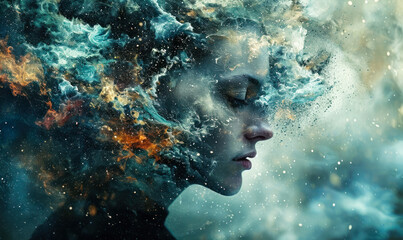 Surreal portrait of a woman disintegrating into particles, symbolizing mental health, emotions, human psyche, or the concept of being lost in thoughts