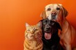 canvas print picture - A Charming Canine And Feline Strike A Pose Amidst A Lively Orange Backdrop. Сoncept Pets Photo Session, Canine And Feline Portraits, Orange-Themed Photoshoot, Charming Animal Poses