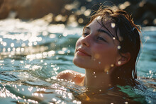 Serene Woman Enjoying The Golden Hour In Water. Generative AI Image
