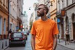 Man In Orange Tshirt On The Street, Mockup