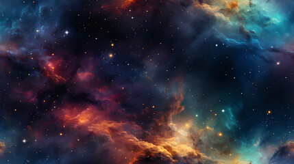 Colorful space galaxy cloud nebula seamless texture background design. Universe, supernova, pattern.