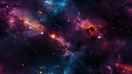 Colorful space galaxy cloud nebula seamless texture background design. Universe, supernova, pattern.