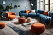 the scene with two knitted poufs positioned beside a light dark blue and orange corner sofa, embodying the essence of Scandinavian home interior design in a contemporary living room.  