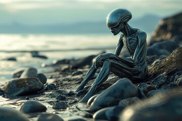 Poster - Alien sitting on rocks