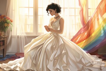 Wall Mural - illustration of a lesbian trying on wedding dress with a hint of LGBTQ  flag