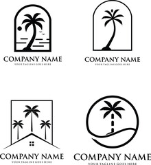 Wall Mural - house with palm tree logo vector, tropical beach home or hotel icon design illustration