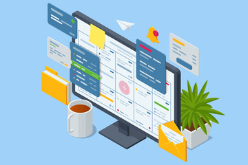 Poster - Isometric Business Project Management System. Project manager updating tasks and milestones progress planning. Digital Calendar Schedule.